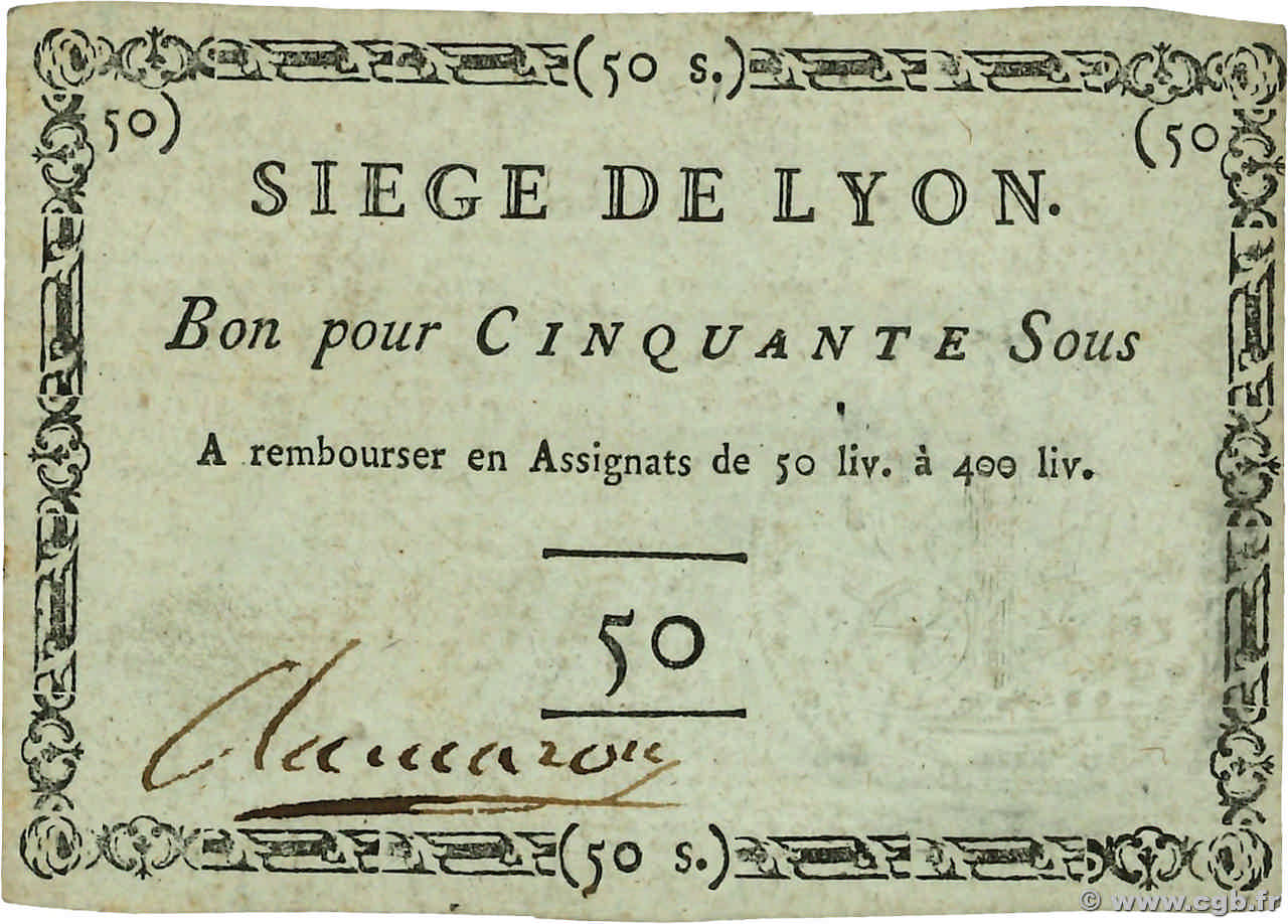 50 Sous FRANCE Regionalismus und verschiedenen Lyon 1793 Kol.137b fST