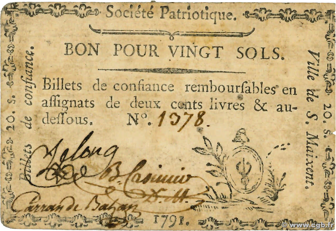 20 Sols FRANCE Regionalismus und verschiedenen Saint-Maixent 1791 Kc.79- SS