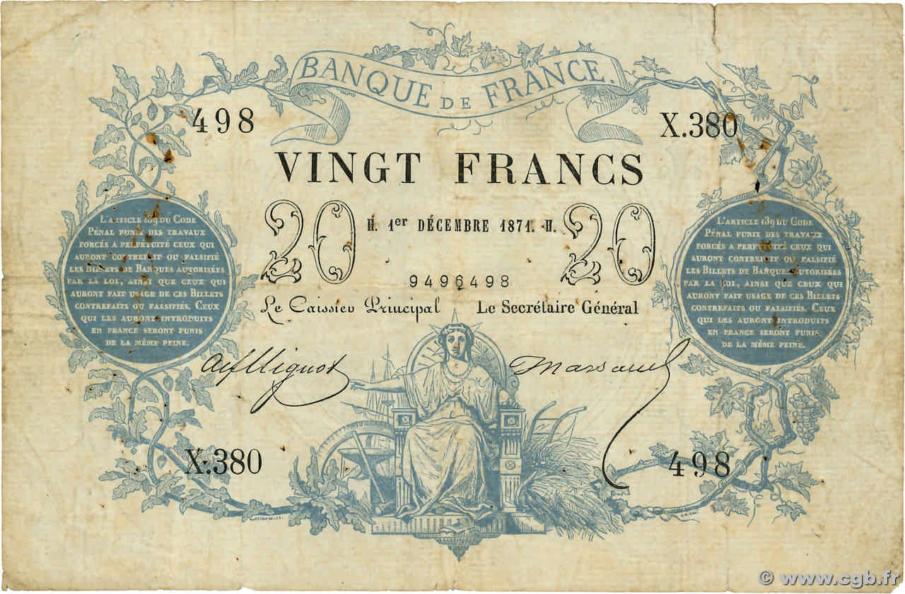 20 Francs type 1871 - Bleu FRANCIA  1871 F.A46.02 BC+