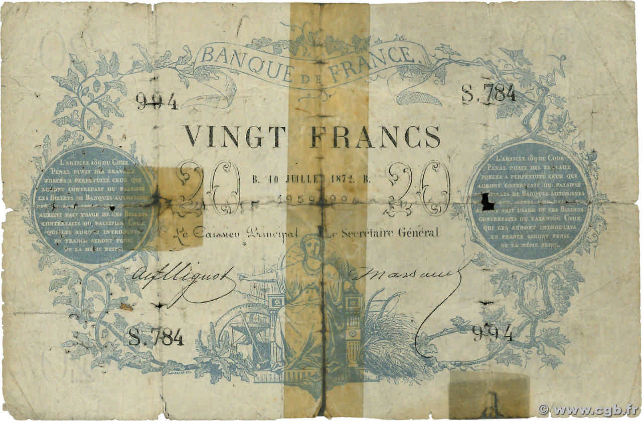20 Francs type 1871 - Bleu FRANCIA  1872 F.A46.03 q.B