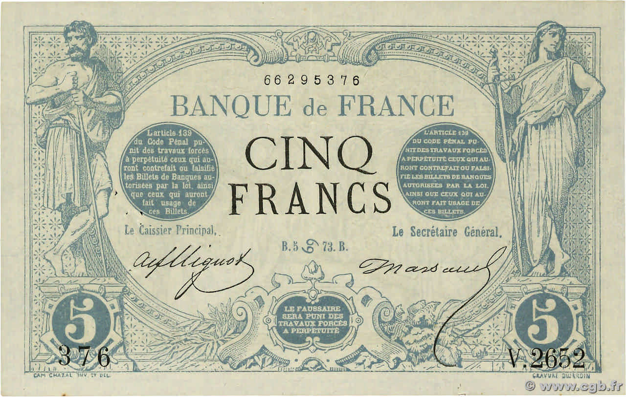 5 Francs NOIR FRANKREICH  1873 F.01.19 VZ