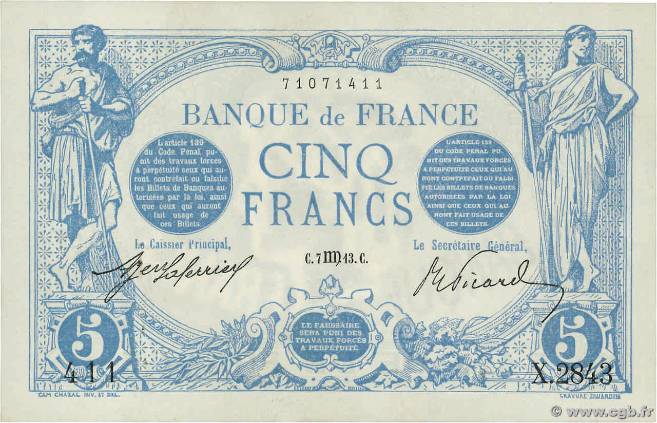 5 Francs BLEU FRANKREICH  1913 F.02.20 fST