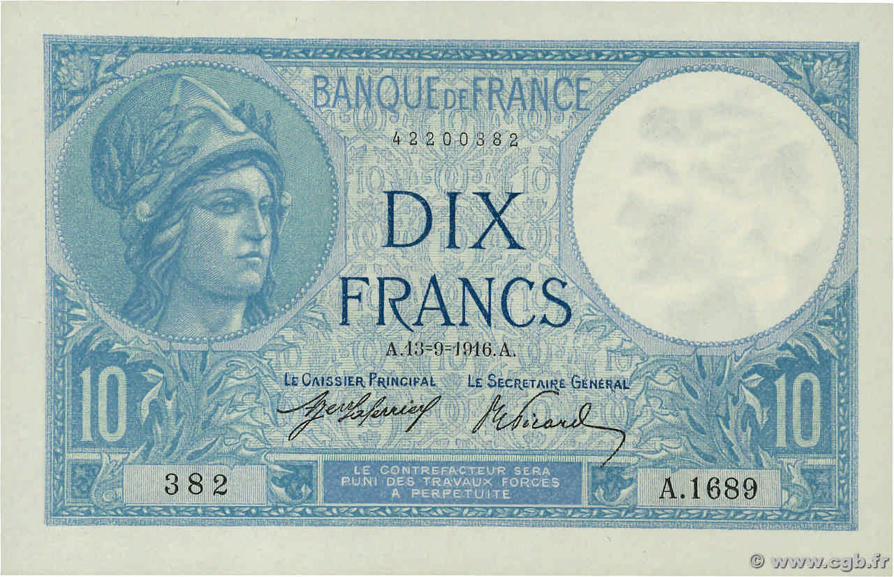 10 Francs MINERVE FRANCE  1916 F.06.01 UNC