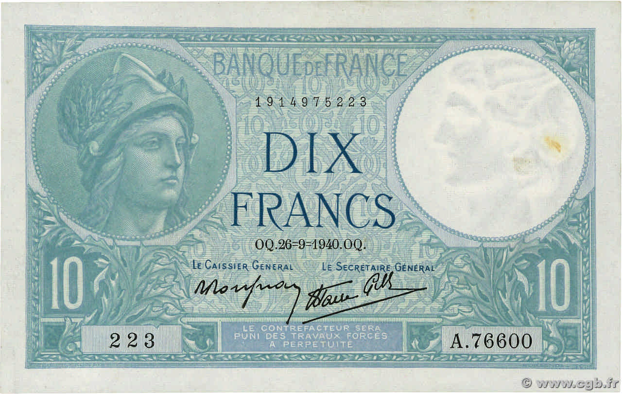10 Francs MINERVE modifié FRANCIA  1940 F.07.15 SC
