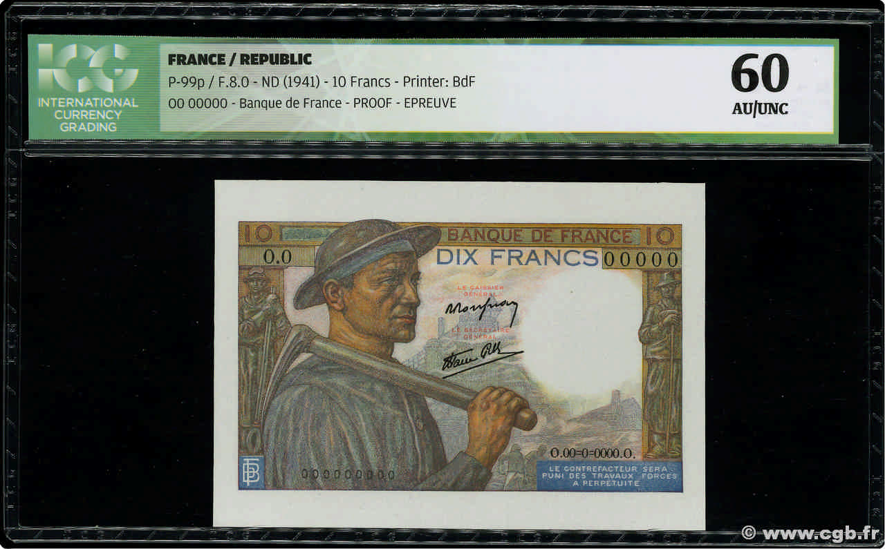 10 Francs MINEUR Épreuve FRANCE  1941 F.08.00ed pr.NEUF