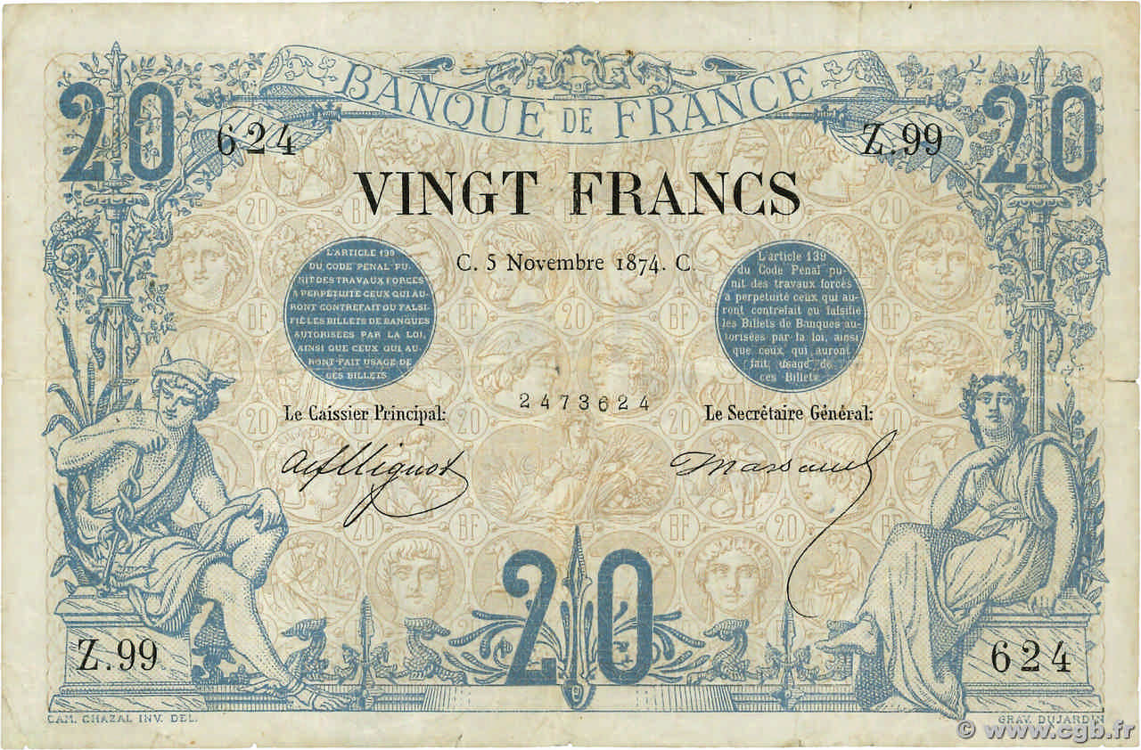 20 Francs NOIR FRANCIA  1874 F.09.01 q.BB