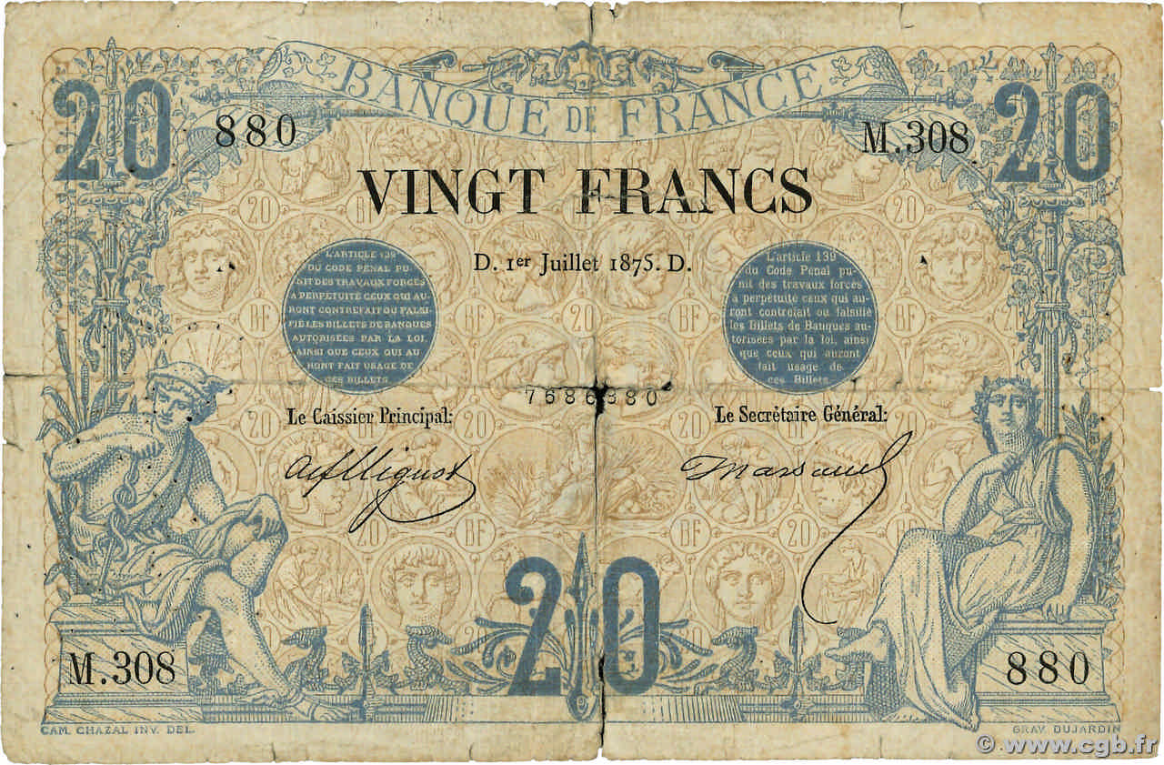 20 Francs NOIR FRANCE  1875 F.09.02 pr.B