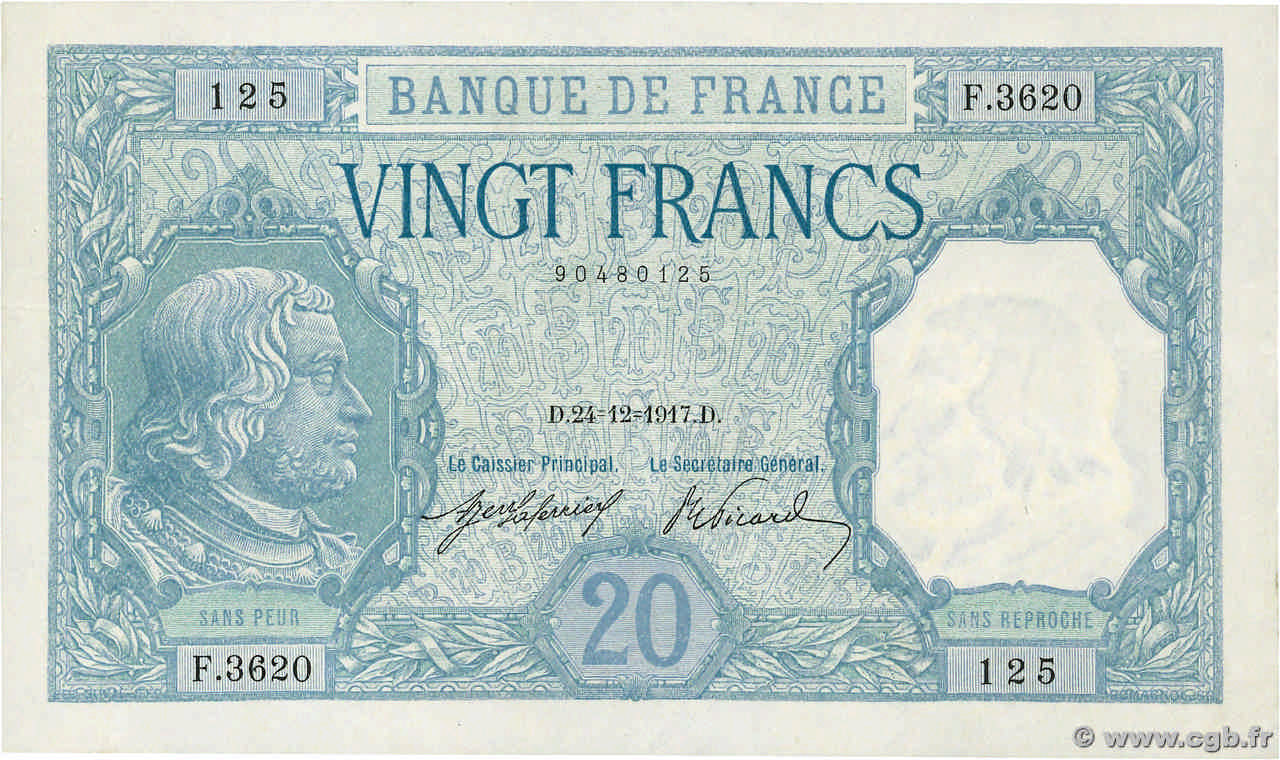 20 Francs BAYARD FRANCE  1917 F.11.02 XF+