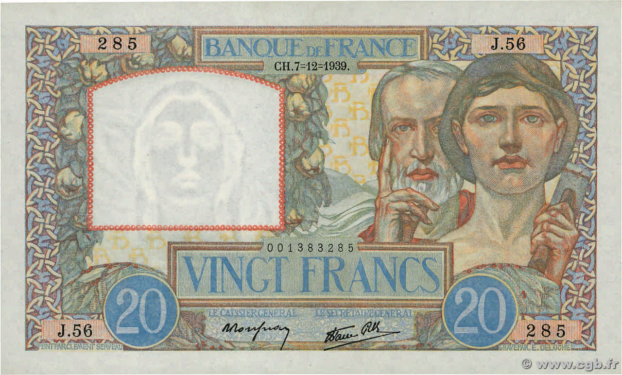 20 Francs TRAVAIL ET SCIENCE FRANCIA  1939 F.12.01 SC+