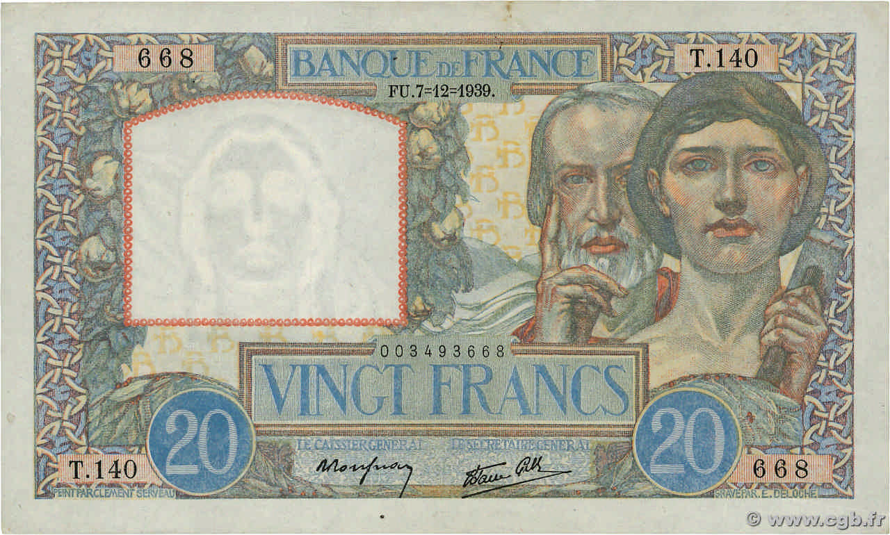20 Francs TRAVAIL ET SCIENCE FRANCE  1939 F.12.01 TTB+