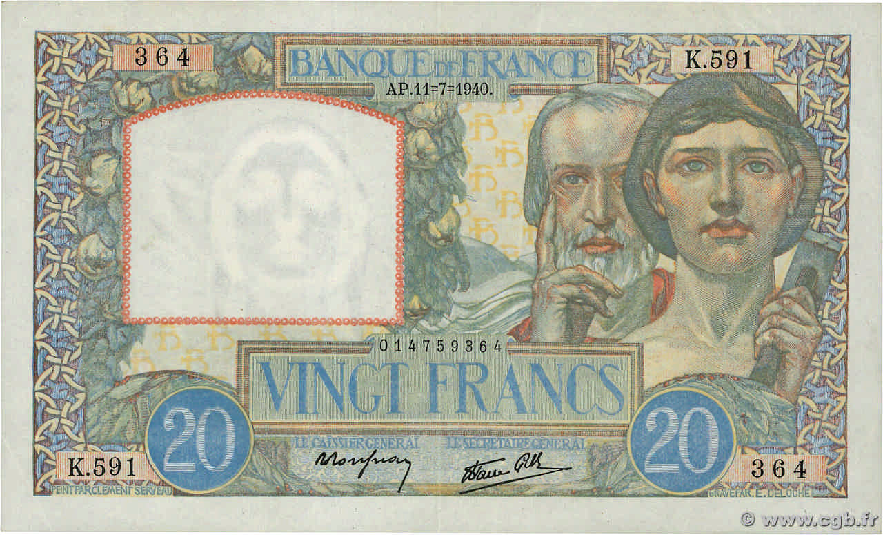 20 Francs TRAVAIL ET SCIENCE FRANCE  1940 F.12.04 pr.SUP
