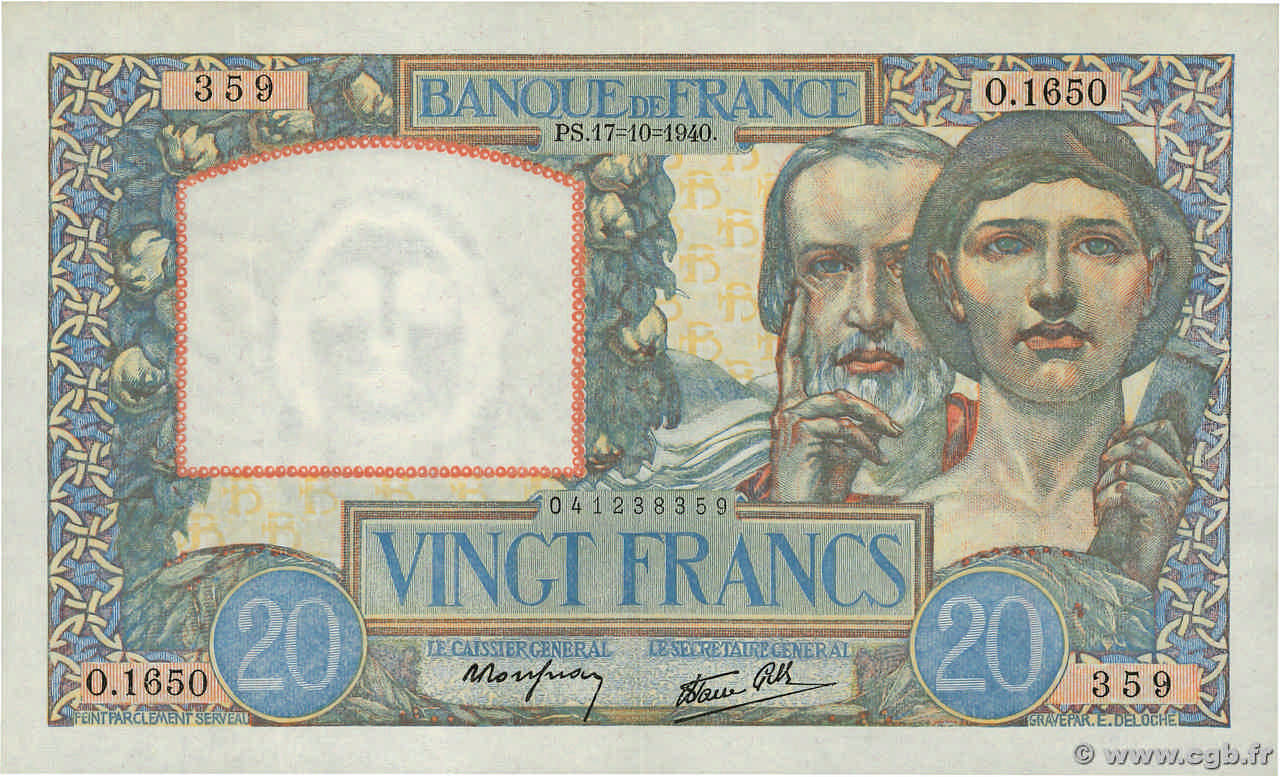 20 Francs TRAVAIL ET SCIENCE FRANKREICH  1940 F.12.09 fVZ