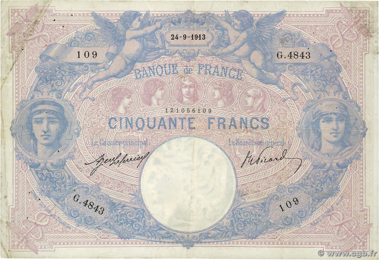 50 Francs BLEU ET ROSE FRANCE  1913 F.14.26 F+