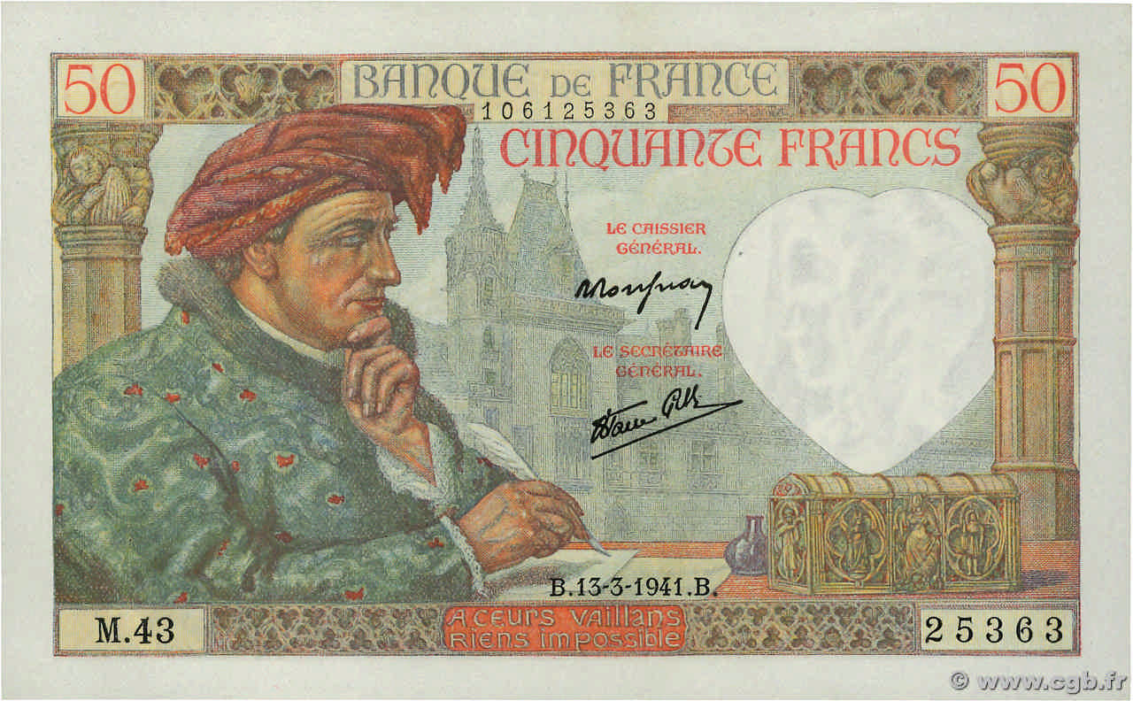 50 Francs JACQUES CŒUR FRANCIA  1941 F.19.07 AU+