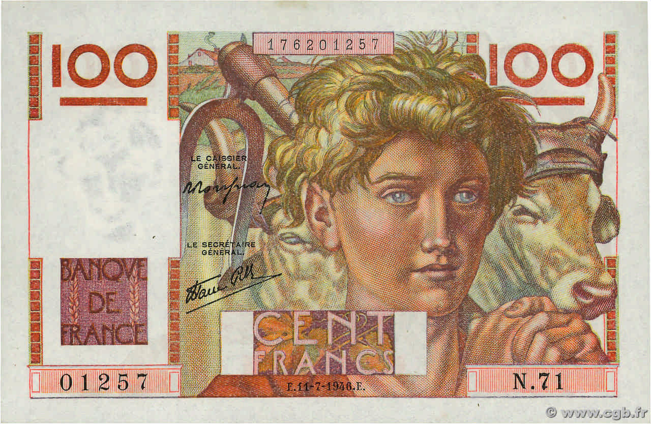 100 Francs JEUNE PAYSAN FRANCE  1946 F.28.06 SPL+