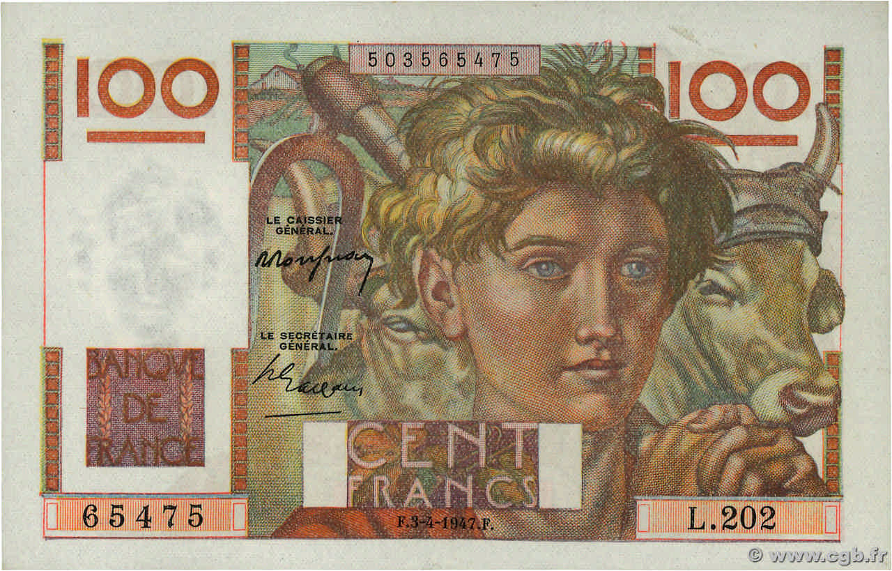 100 Francs JEUNE PAYSAN FRANCE  1947 F.28.14 SUP+
