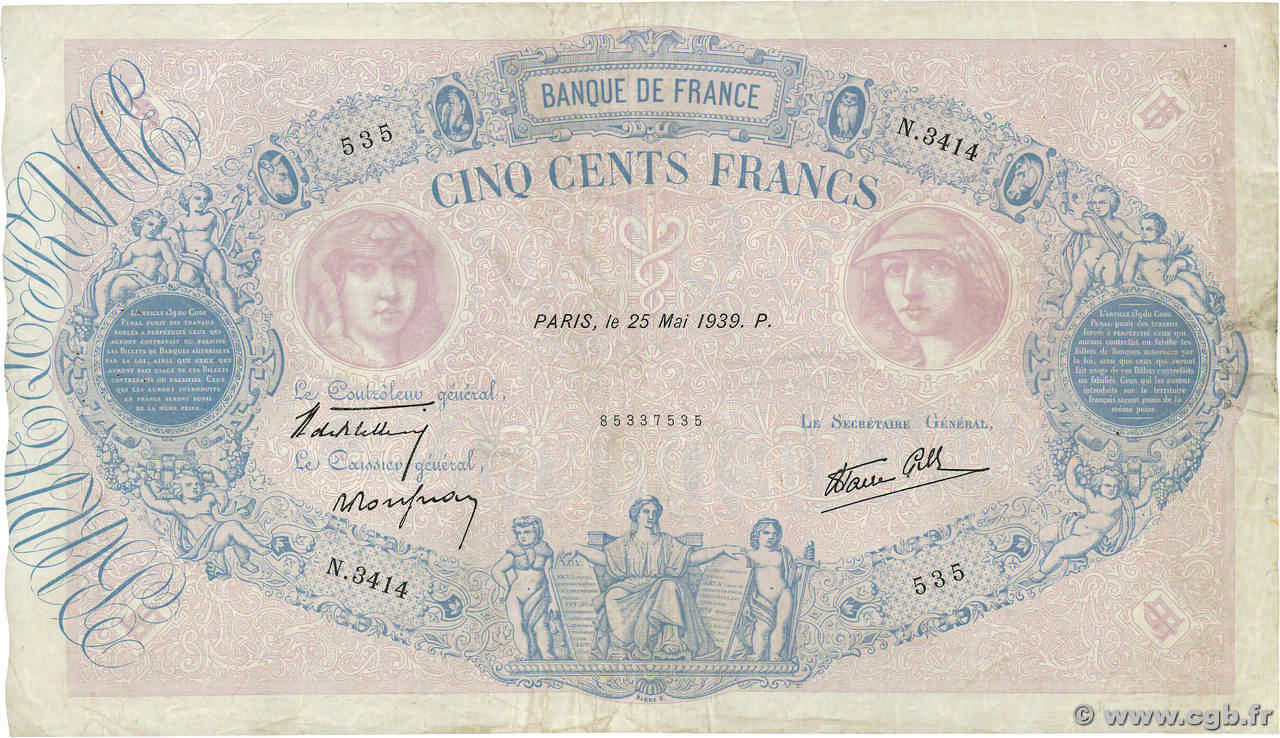 500 Francs BLEU ET ROSE modifié FRANCIA  1939 F.31.33 BC+