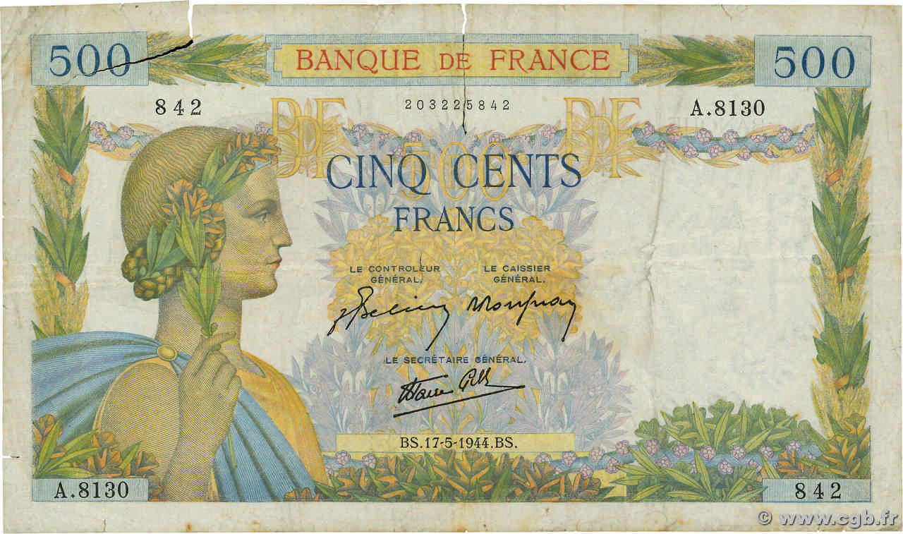 500 Francs LA PAIX Grand numéro FRANCE  1944 F.32.47 B+