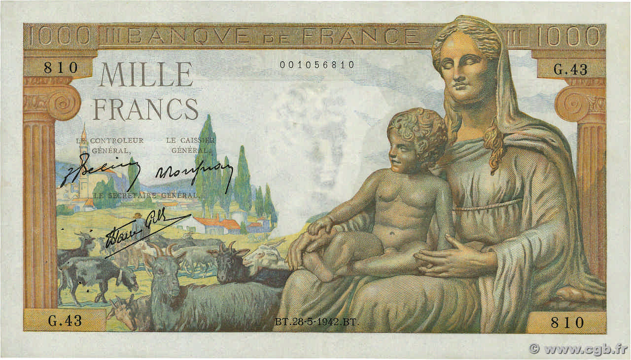 1000 Francs DÉESSE DÉMÉTER FRANCE  1942 F.40.01 pr.SUP