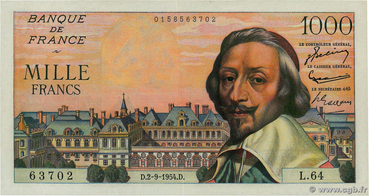 1000 Francs RICHELIEU FRANKREICH  1954 F.42.07 VZ+