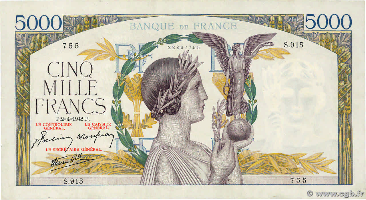 5000 Francs VICTOIRE Impression à plat FRANKREICH  1942 F.46.36 fVZ