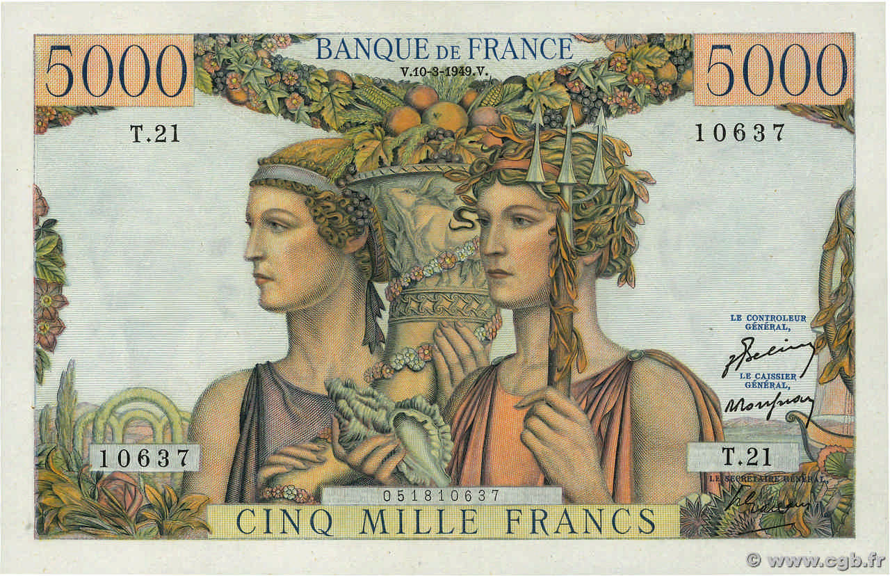 5000 Francs TERRE ET MER FRANCIA  1949 F.48.01 AU