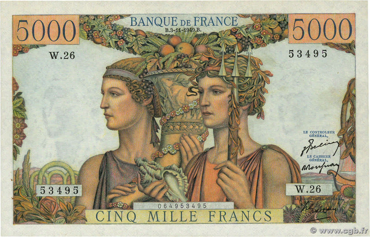 5000 Francs TERRE ET MER FRANKREICH  1949 F.48.02 VZ