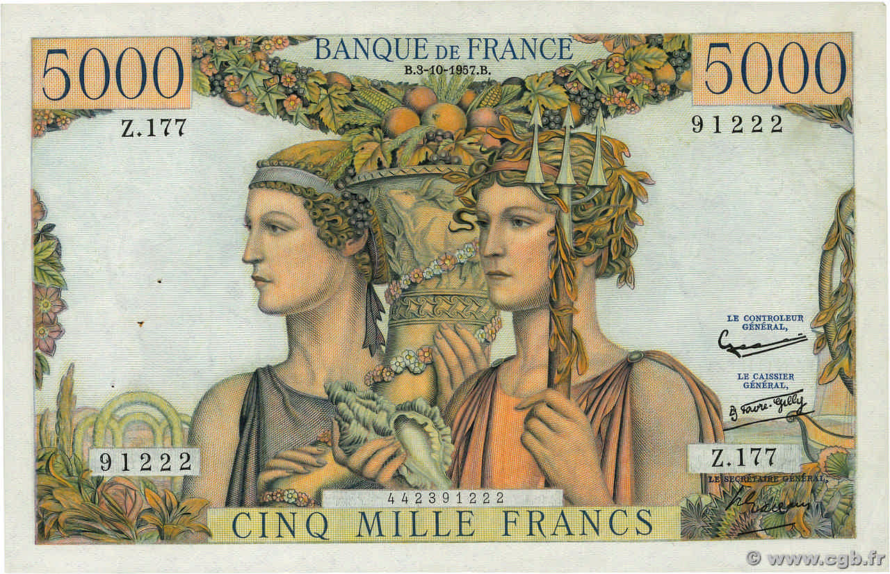 5000 Francs TERRE ET MER FRANCE  1957 F.48.17 SUP