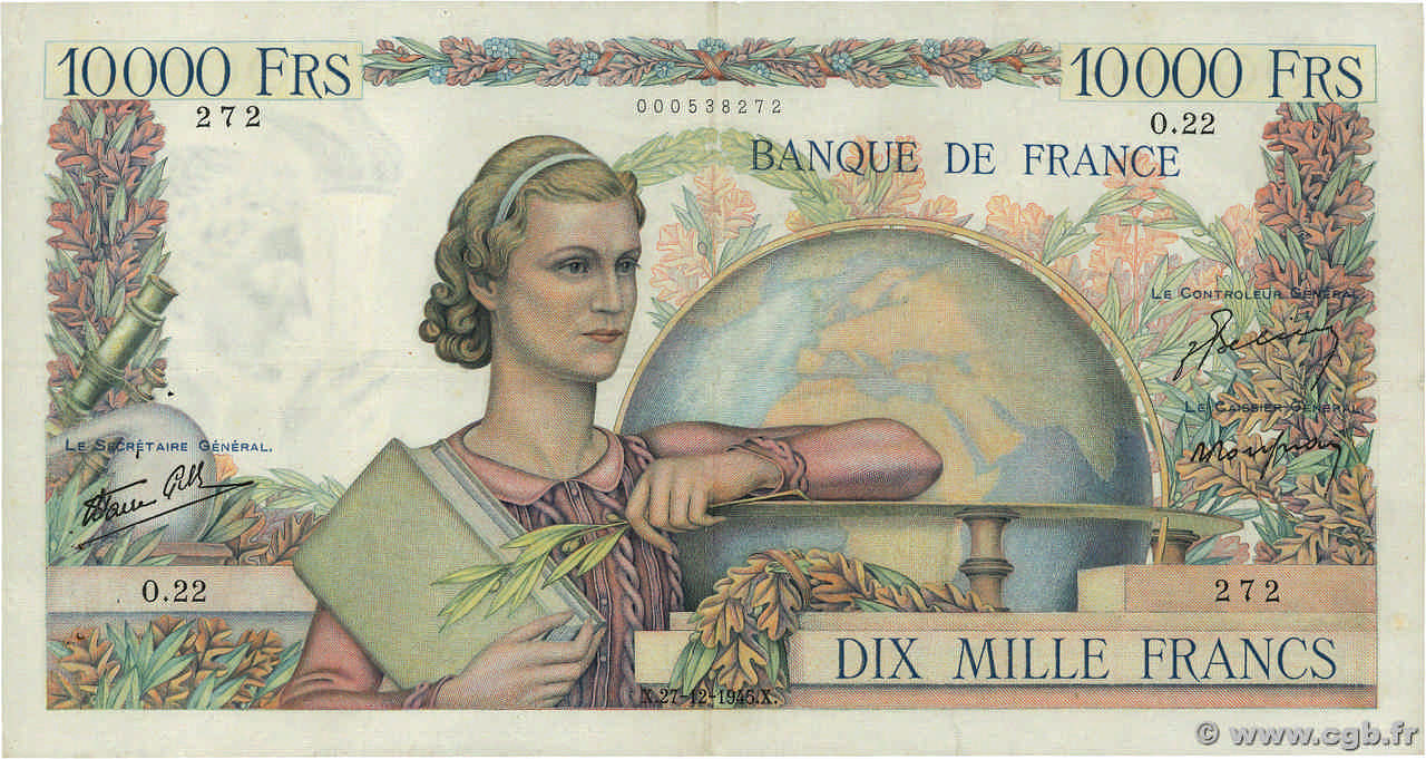 10000 Francs GÉNIE FRANÇAIS FRANCE  1945 F.50.01 VF