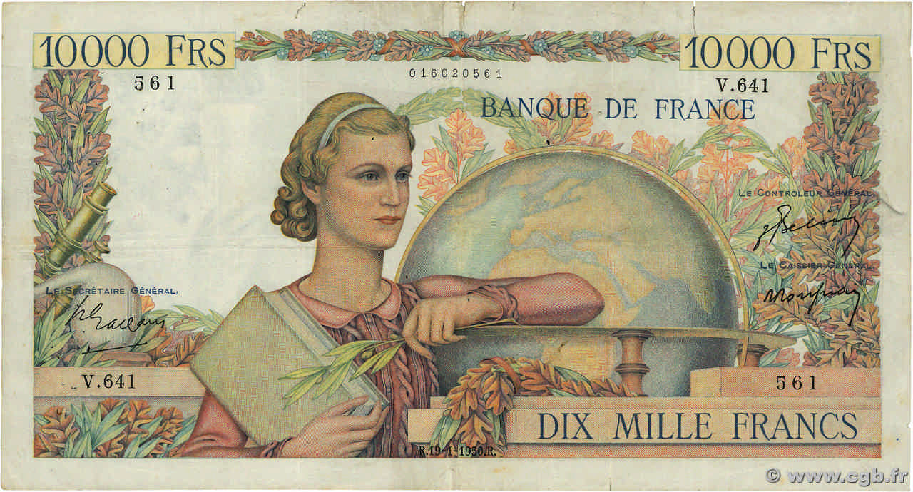 10000 Francs GÉNIE FRANÇAIS FRANKREICH  1950 F.50.27 fS