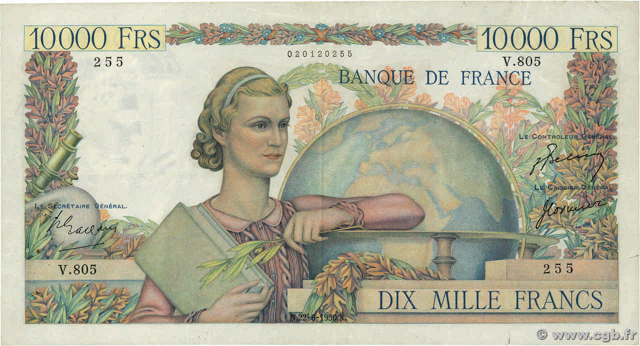 10000 Francs GÉNIE FRANÇAIS FRANCE  1950 F.50.34 VF-