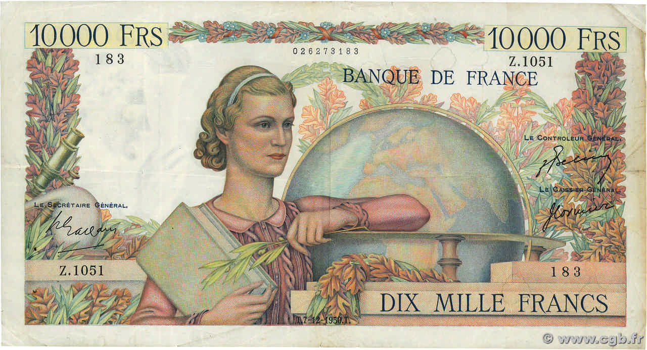 10000 Francs GÉNIE FRANÇAIS FRANCE  1950 F.50.44 TB