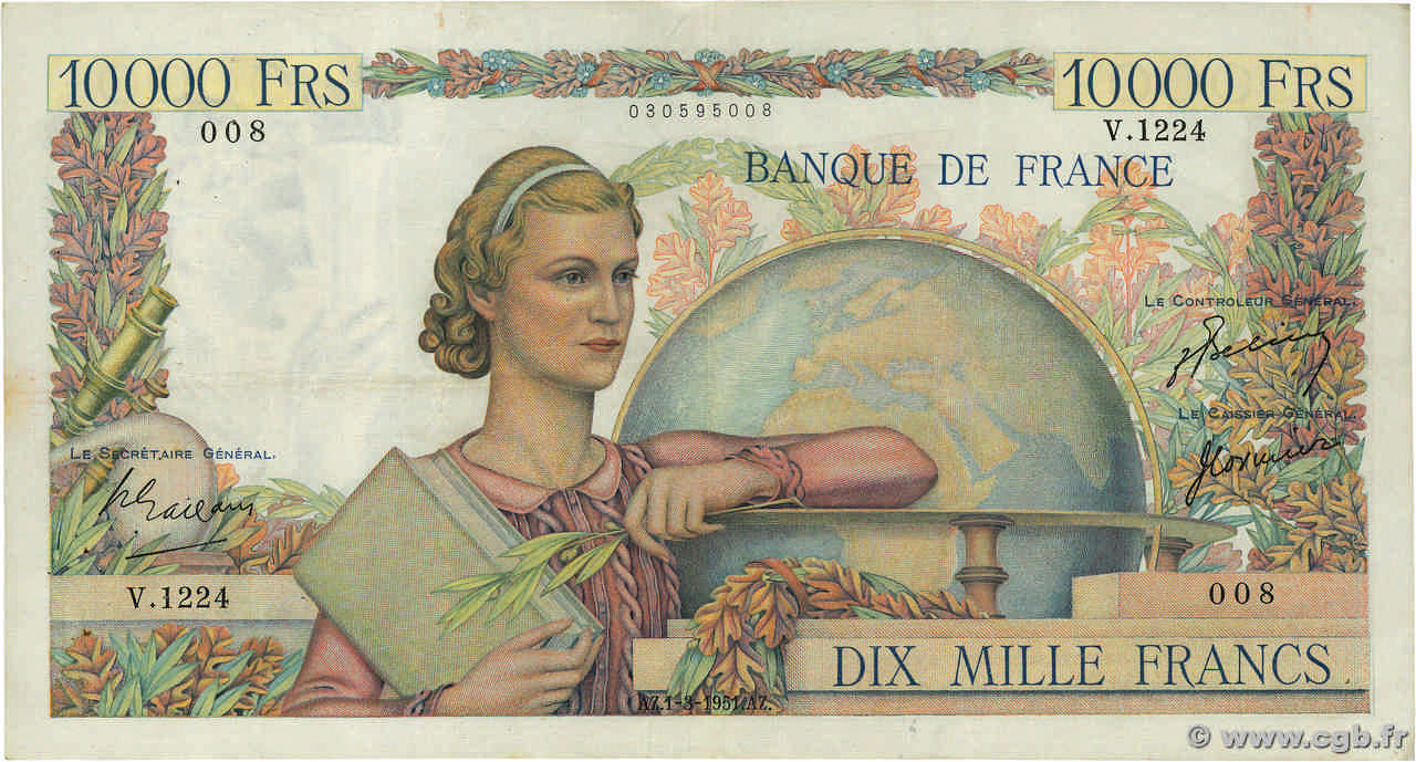 10000 Francs GÉNIE FRANÇAIS FRANCE  1951 F.50.48 VF-
