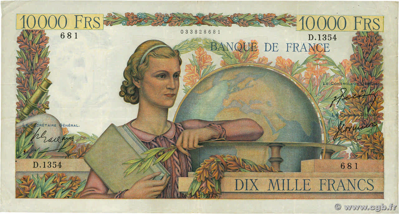 10000 Francs GÉNIE FRANÇAIS FRANCIA  1951 F.50.49 BC+