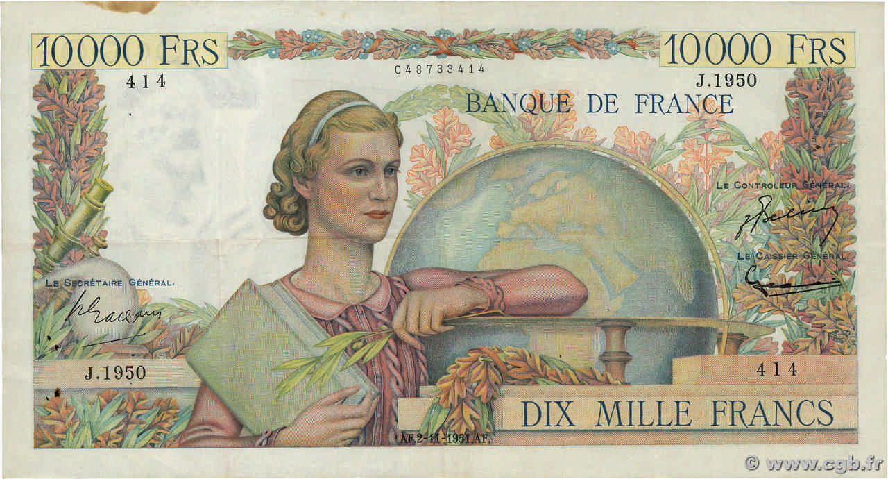 10000 Francs GÉNIE FRANÇAIS FRANCE  1951 F.50.54 VF-