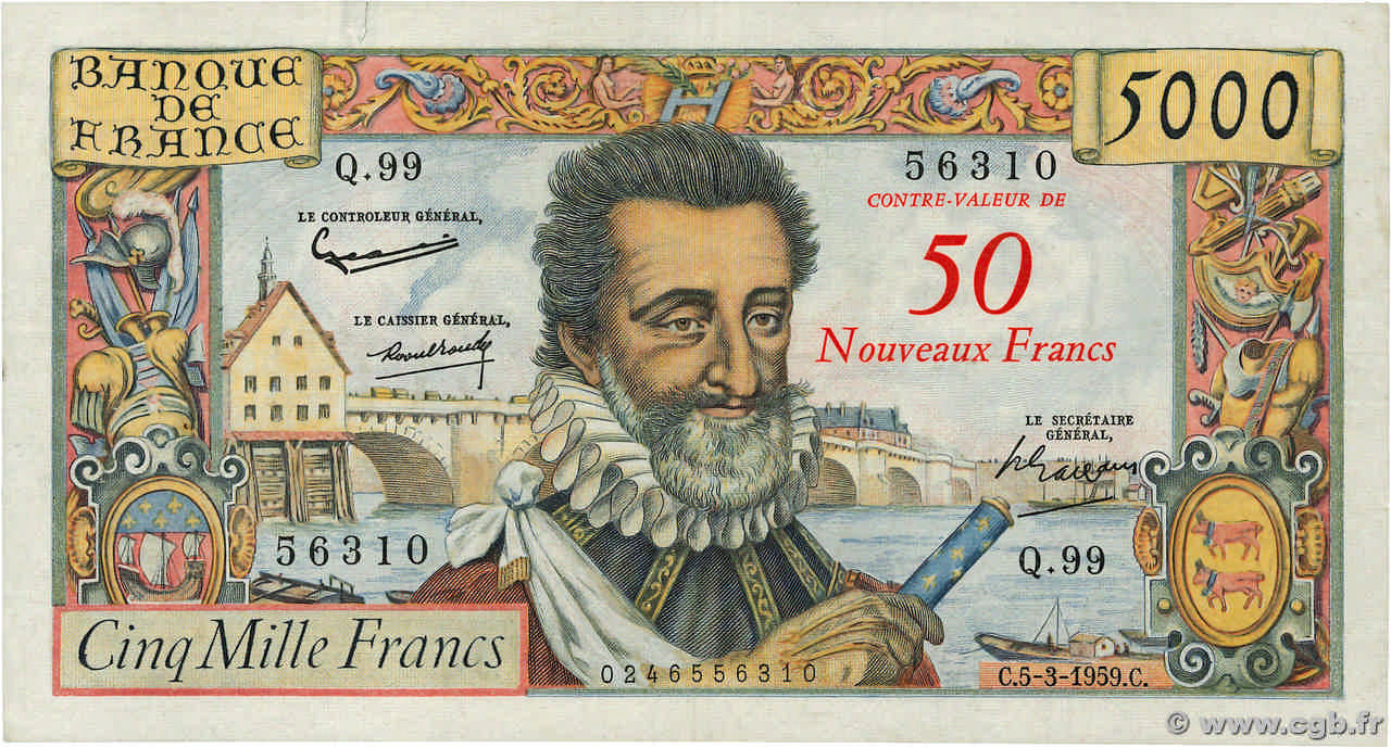 50 NF sur 5000 Francs HENRI IV FRANCIA  1959 F.54.02 q.BB