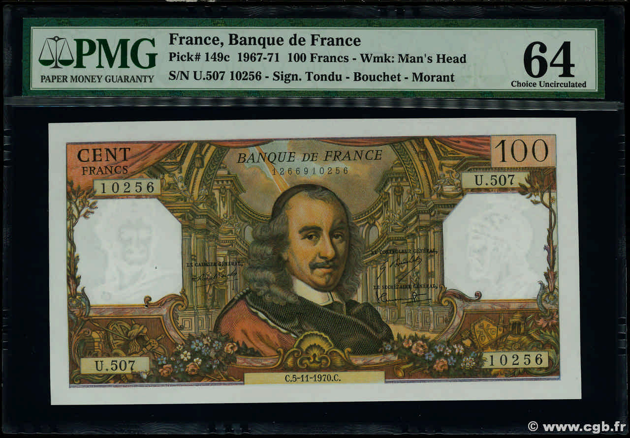 100 Francs CORNEILLE FRANKREICH  1970 F.65.33 fST+