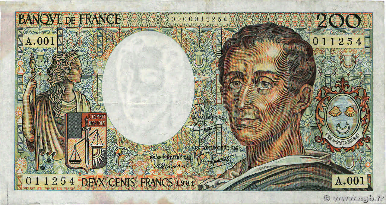 200 Francs MONTESQUIEU Petit numéro FRANCIA  1981 F.70.01A1 MBC