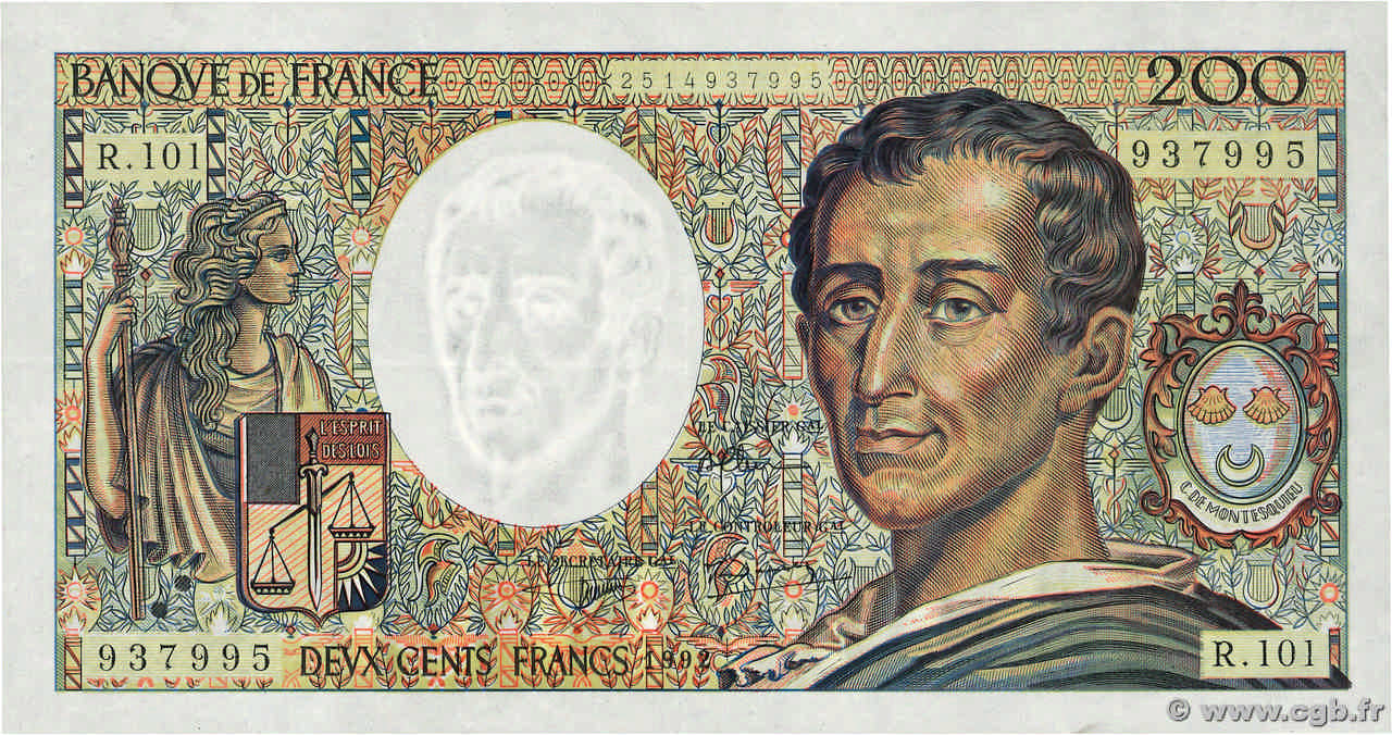 200 Francs MONTESQUIEU alphabet 101 FRANCE  1992 F.70bis.01 XF
