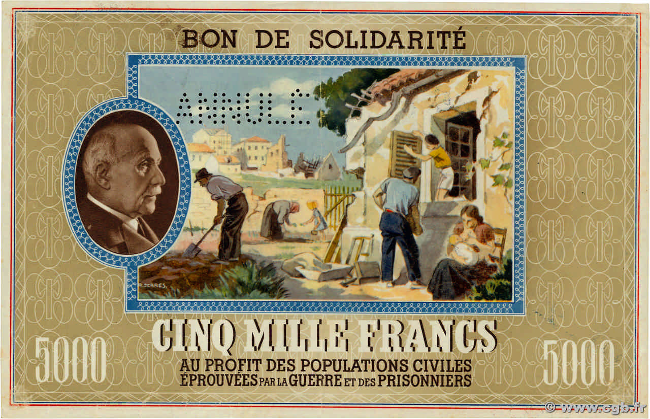 5000 Francs BON DE SOLIDARITÉ Annulé FRANCIA  1941 KL.13 EBC+