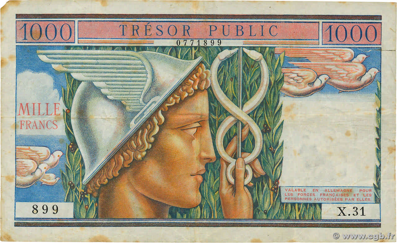 1000 Francs TRÉSOR PUBLIC FRANCIA  1955 VF.35.01 BC