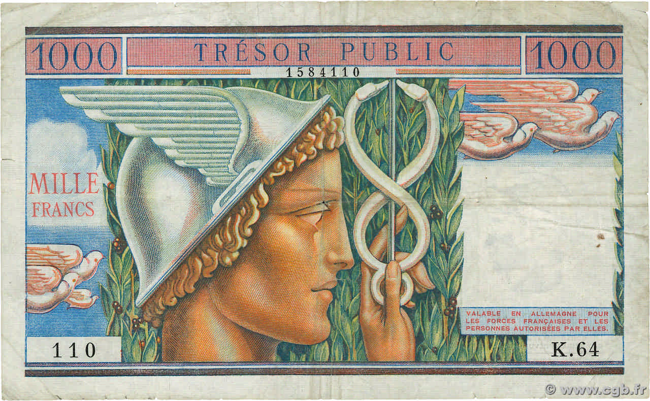 1000 Francs TRÉSOR PUBLIC FRANCIA  1955 VF.35.01 BC+