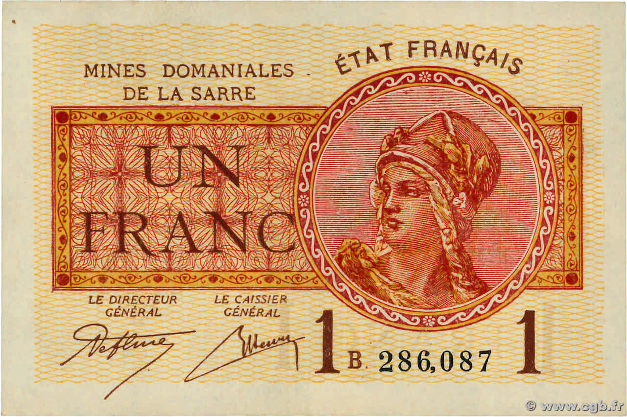 1 Franc MINES DOMANIALES DE LA SARRE FRANKREICH  1920 VF.51.02 fST+