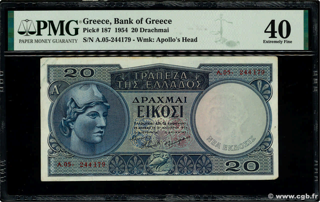 20 Drachmes GREECE  1954 P.187a VF+