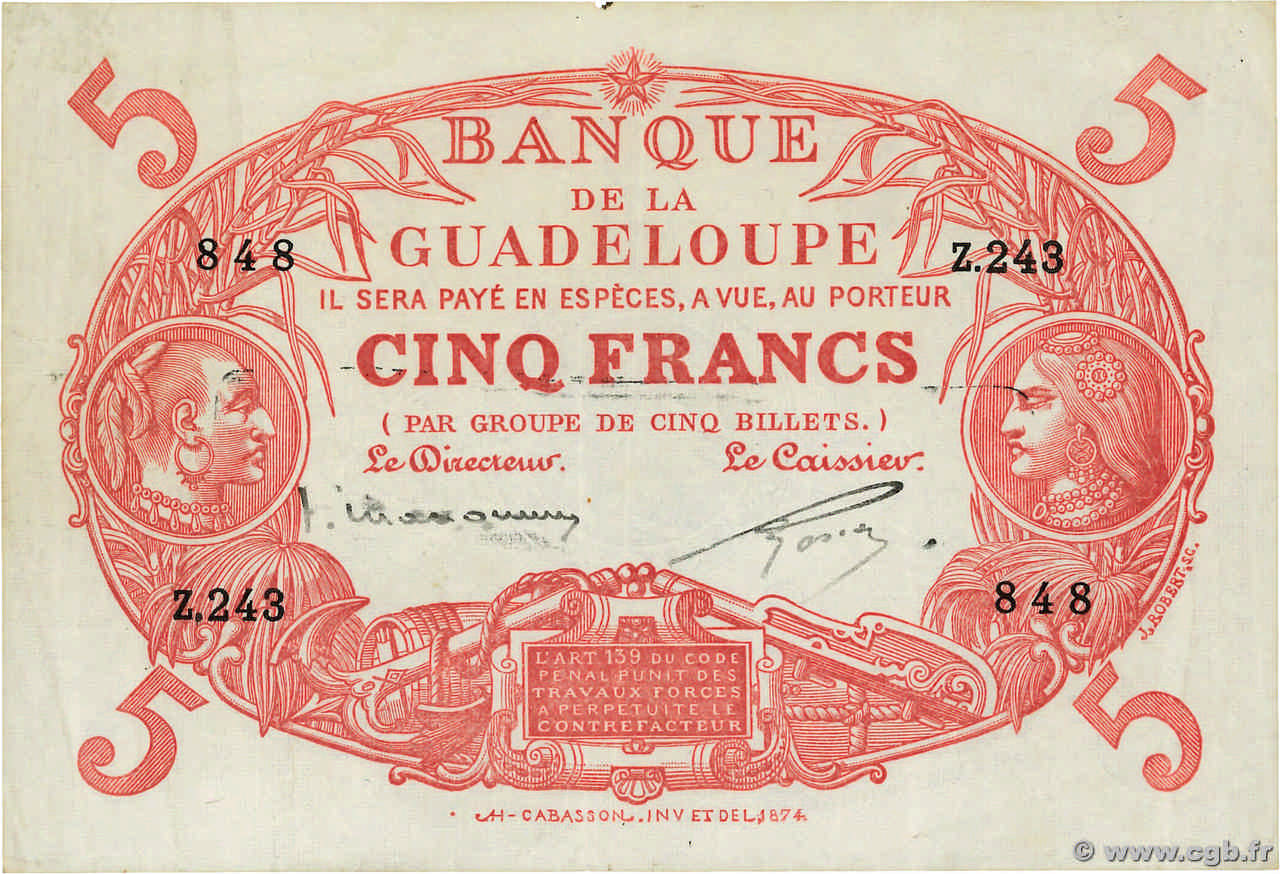 5 Francs Cabasson rouge GUADELOUPE  1943 P.07c EBC