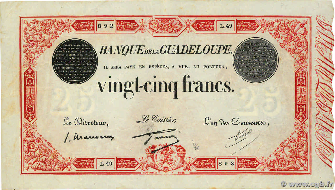 25 Francs rouge GUADELOUPE  1934 P.08 VF-