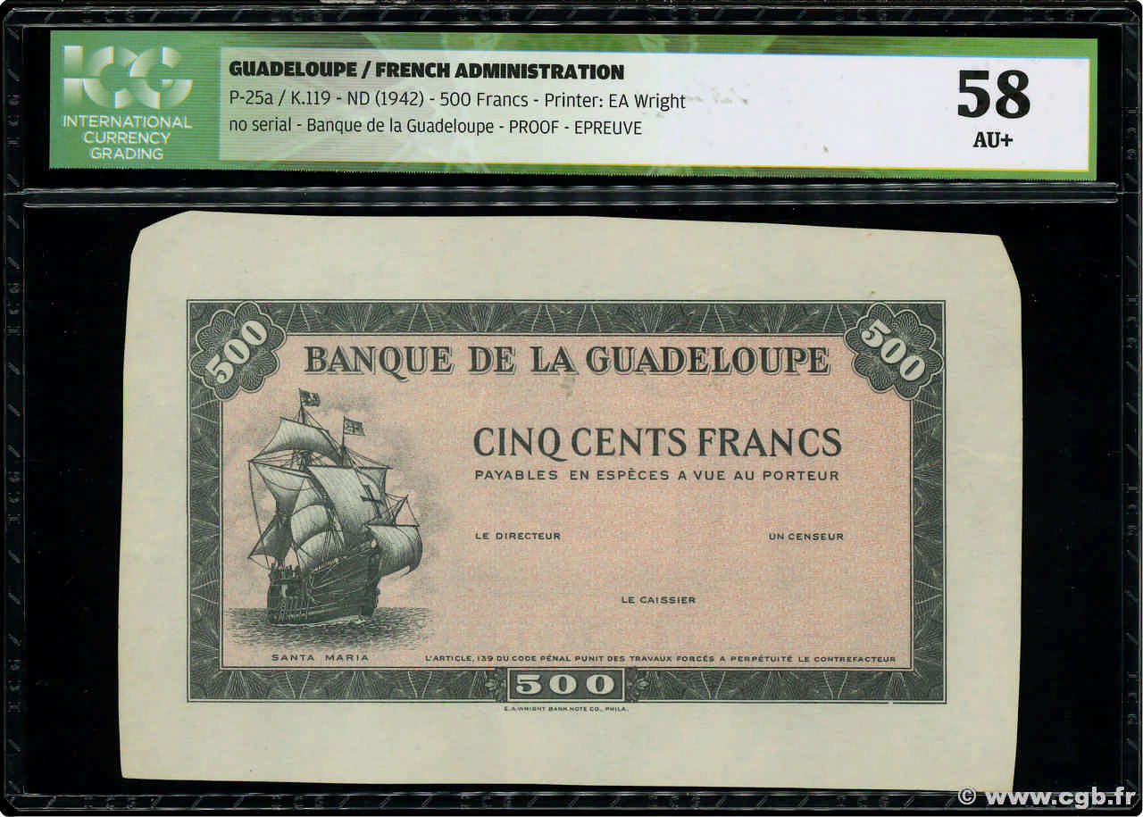 500 Francs Épreuve GUADELOUPE  1945 P.25p AU