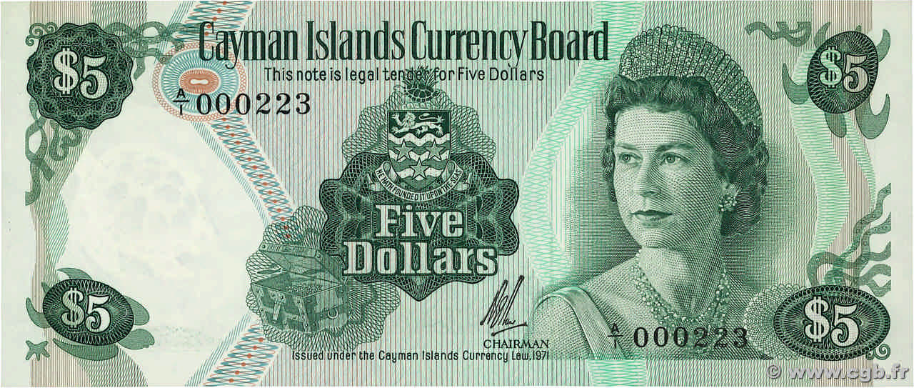 5 Dollars Petit numéro KAIMANINSELN  1972 P.02a ST