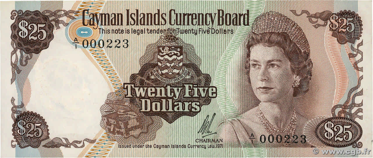 25 Dollars Petit numéro ISLAS CAIMáN  1972 P.04a FDC