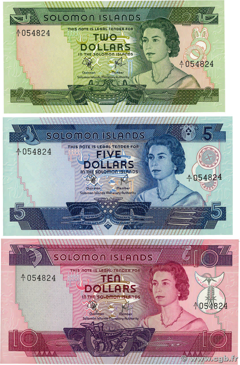 2 au 10 Dollars Lot SOLOMON ISLANDS  1977 P.05a, P.06a et P.07a UNC